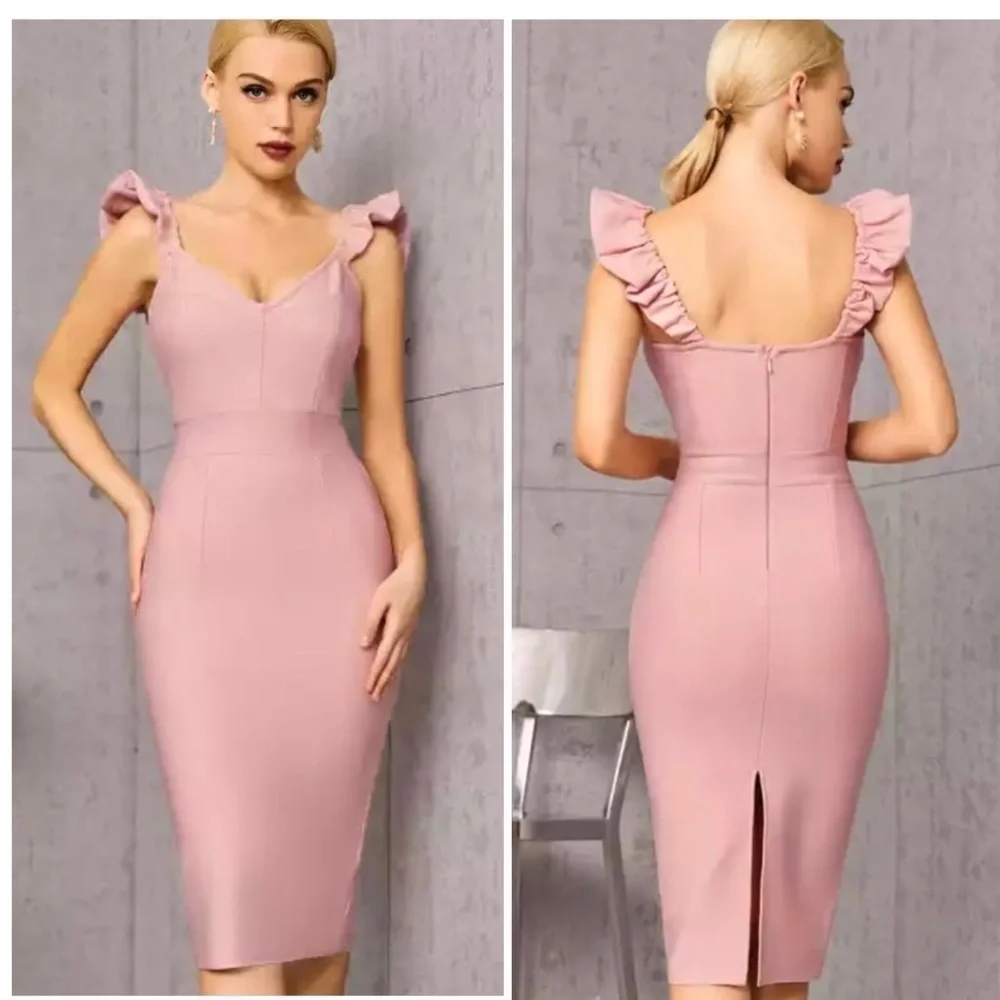 Pink Bodycon Bandage Dress For Summer Sexy Ruffles Sleeveless Midi v neck Size M